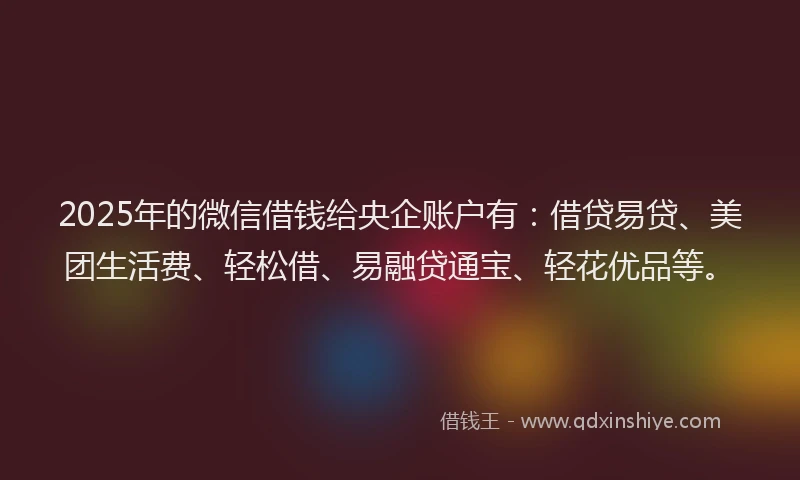 2025年的微信借钱给央企账户有：借贷易贷、美团生活费、轻松借、易融贷通宝、轻花优品等。