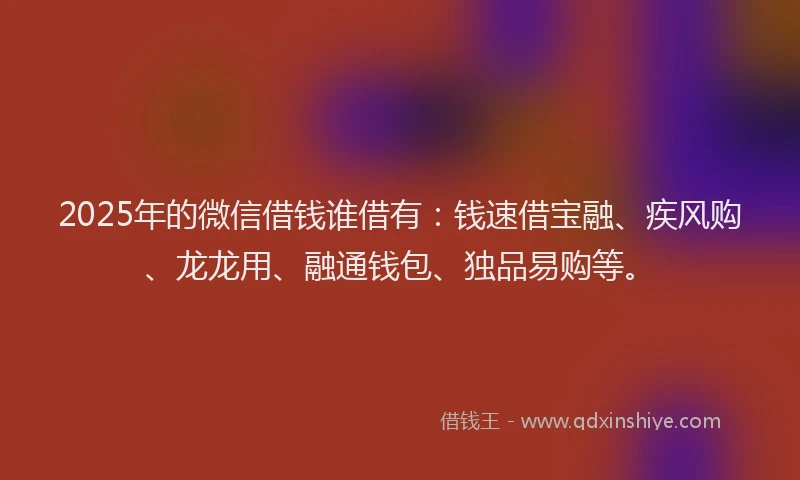 2025年的微信借钱谁借有：钱速借宝融、疾风购、龙龙用、融通钱包、独品易购等。