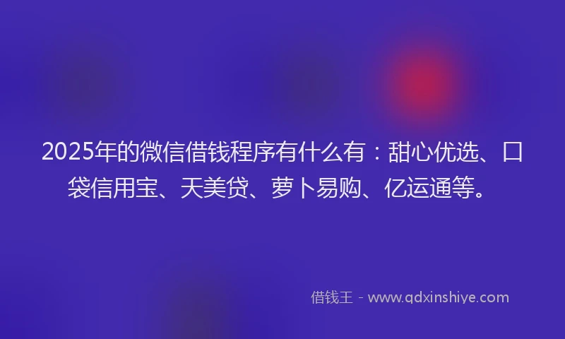 2025年的微信借钱程序有什么有：甜心优选、口袋信用宝、天美贷、萝卜易购、亿运通等。