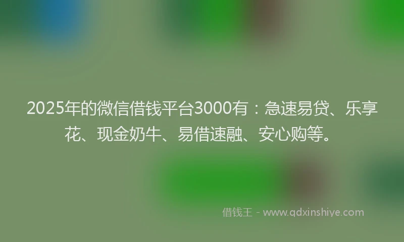 2025年的微信借钱平台3000有：急速易贷、乐享花、现金奶牛、易借速融、安心购等。
