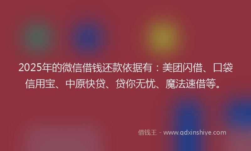 2025年的微信借钱还款依据有：美团闪借、口袋信用宝、中原快贷、贷你无忧、魔法速借等。