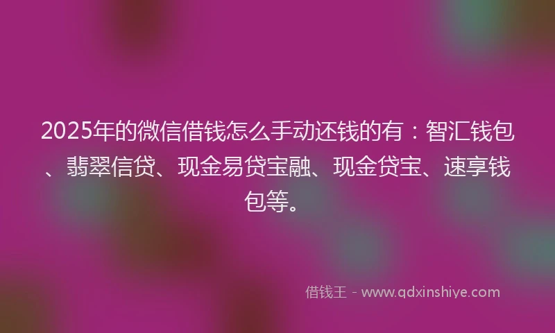 2025年的微信借钱怎么手动还钱的有：智汇钱包、翡翠信贷、现金易贷宝融、现金贷宝、速享钱包等。