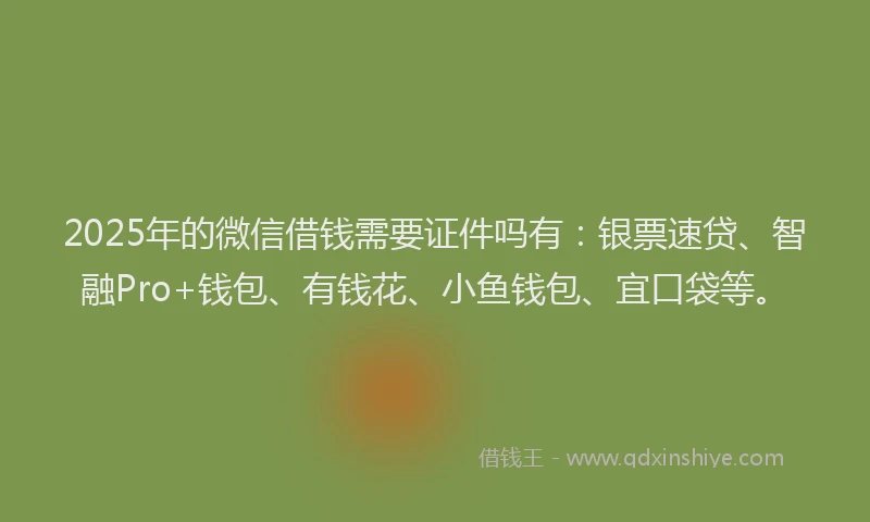 2025年的微信借钱需要证件吗有：银票速贷、智融Pro+钱包、有钱花、小鱼钱包、宜口袋等。