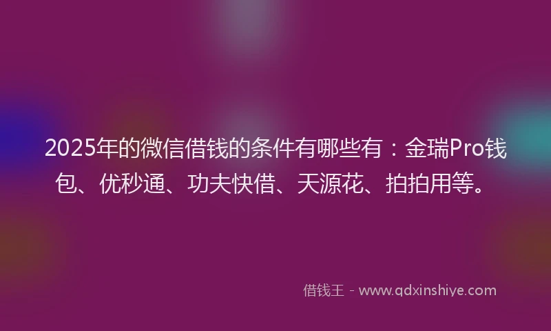 2025年的微信借钱的条件有哪些有：金瑞Pro钱包、优秒通、功夫快借、天源花、拍拍用等。