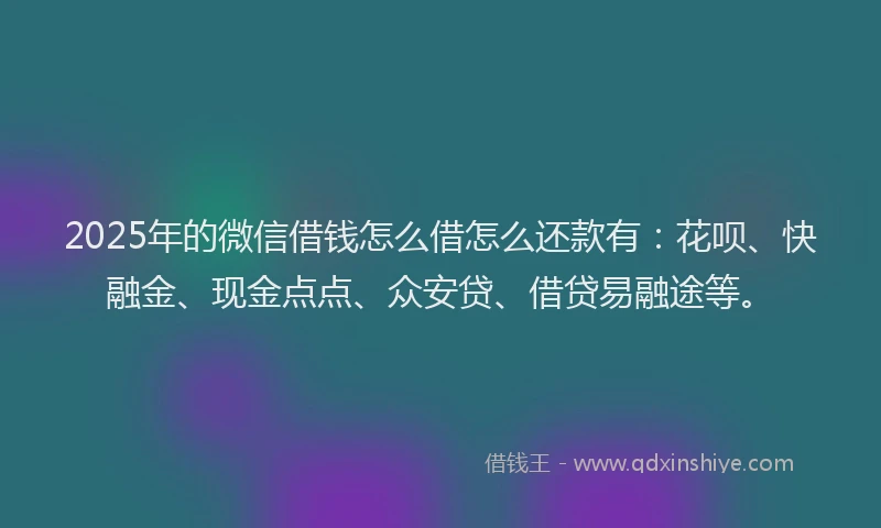 2025年的微信借钱怎么借怎么还款有：花呗、快融金、现金点点、众安贷、借贷易融途等。