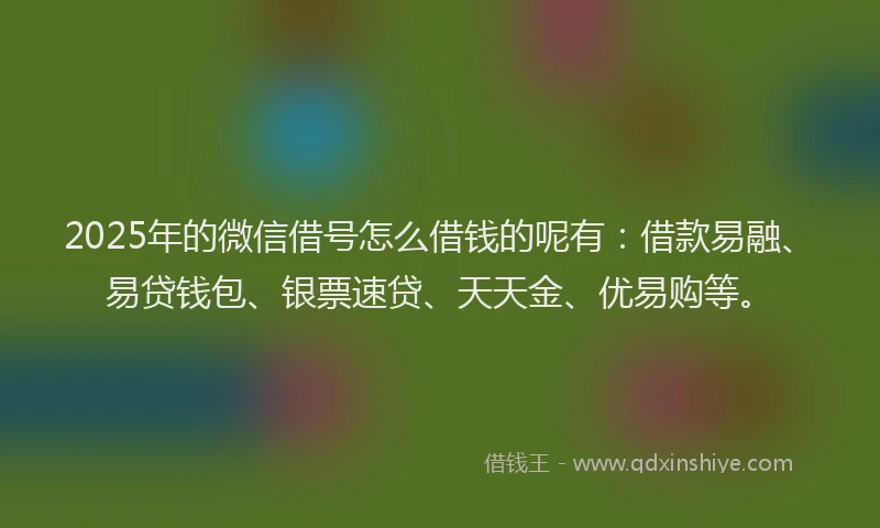 2025年的微信借号怎么借钱的呢有：借款易融、易贷钱包、银票速贷、天天金、优易购等。