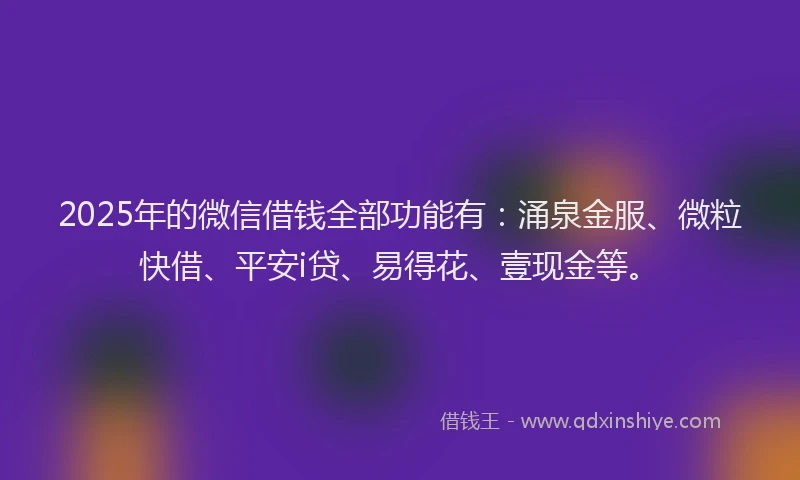 2025年的微信借钱全部功能有：涌泉金服、微粒快借、平安i贷、易得花、壹现金等。