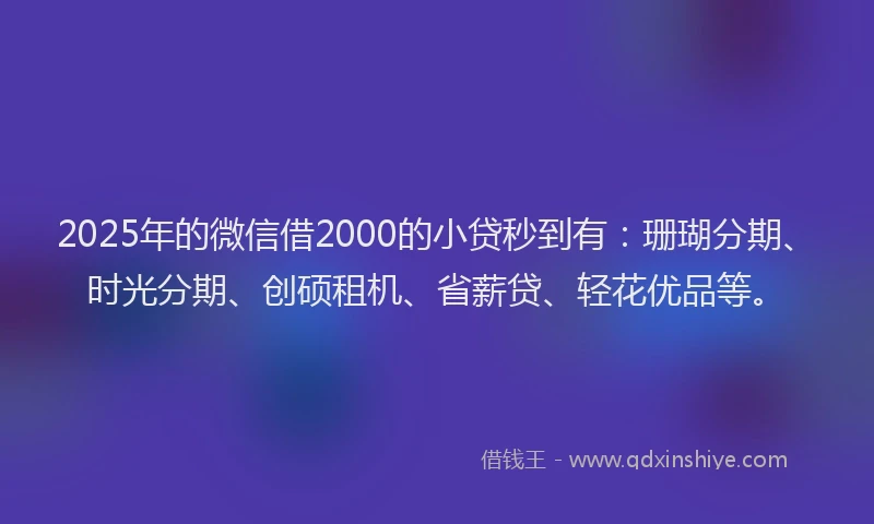 2025年的微信借2000的小贷秒到有：珊瑚分期、时光分期、创硕租机、省薪贷、轻花优品等。