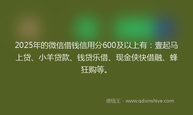 2025年的微信借钱信用分600及以上有：壹起马上贷、小羊贷款、钱贷乐借、现金侠快借融、蜂狂购等。