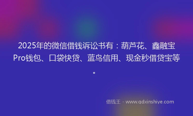2025年的微信借钱诉讼书有：葫芦花、鑫融宝Pro钱包、口袋快贷、蓝鸟信用、现金秒借贷宝等。