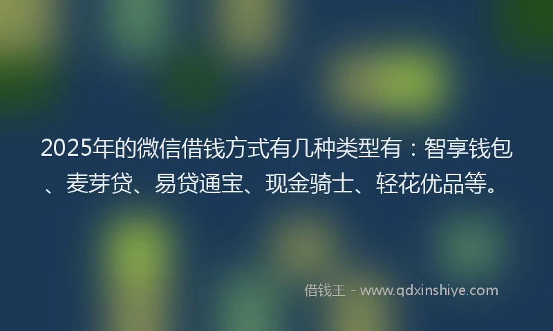 2025年的微信借钱方式有几种类型有：智享钱包、麦芽贷、易贷通宝、现金骑士、轻花优品等。