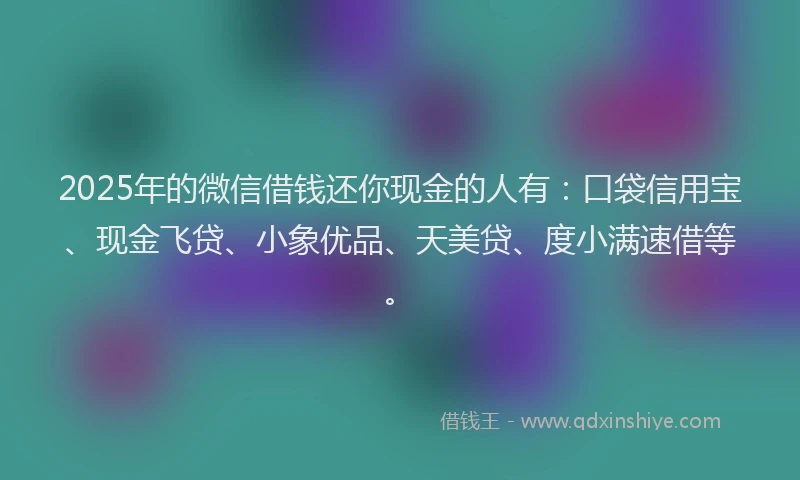 2025年的微信借钱还你现金的人有：口袋信用宝、现金飞贷、小象优品、天美贷、度小满速借等。