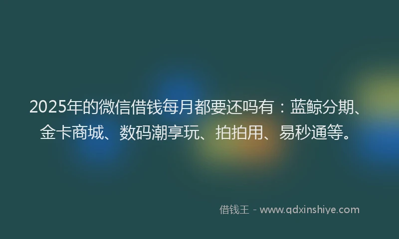 2025年的微信借钱每月都要还吗有：蓝鲸分期、金卡商城、数码潮享玩、拍拍用、易秒通等。