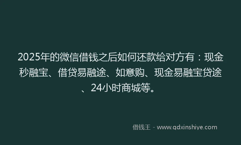 2025年的微信借钱之后如何还款给对方有：现金秒融宝、借贷易融途、如意购、现金易融宝贷途、24小时商城等。