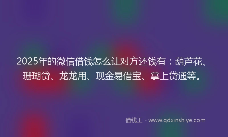 2025年的微信借钱怎么让对方还钱有：葫芦花、珊瑚贷、龙龙用、现金易借宝、掌上贷通等。