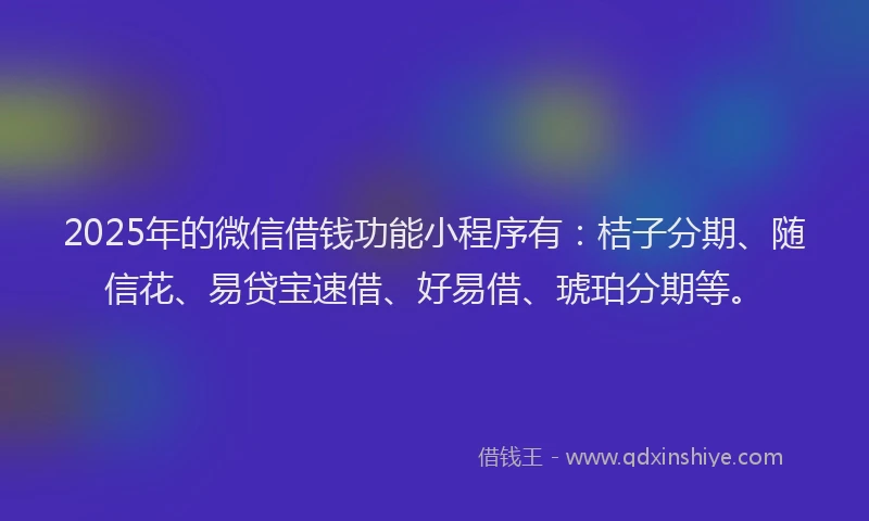 2025年的微信借钱功能小程序有：桔子分期、随信花、易贷宝速借、好易借、琥珀分期等。