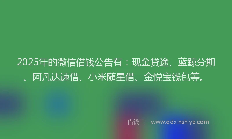2025年的微信借钱公告有：现金贷途、蓝鲸分期、阿凡达速借、小米随星借、金悦宝钱包等。