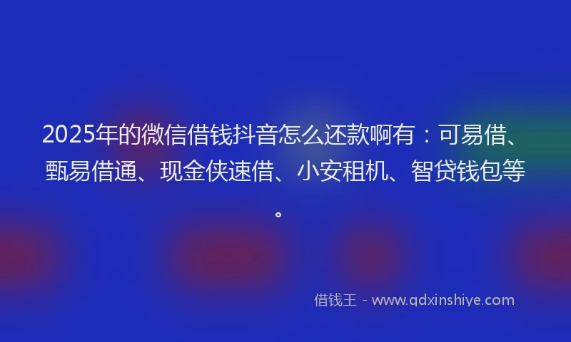 2025年的微信借钱抖音怎么还款啊有：可易借、甄易借通、现金侠速借、小安租机、智贷钱包等。