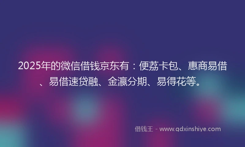 2025年的微信借钱京东有：便荔卡包、惠商易借、易借速贷融、金瀛分期、易得花等。