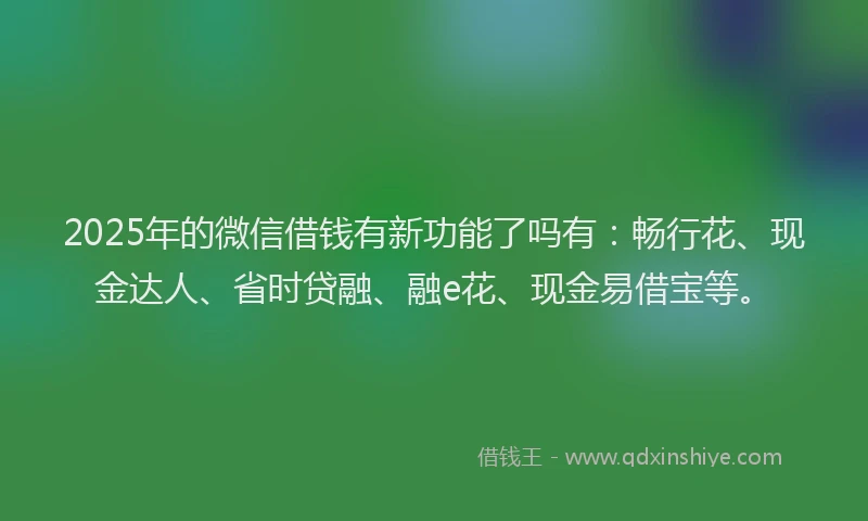 2025年的微信借钱有新功能了吗有：畅行花、现金达人、省时贷融、融e花、现金易借宝等。