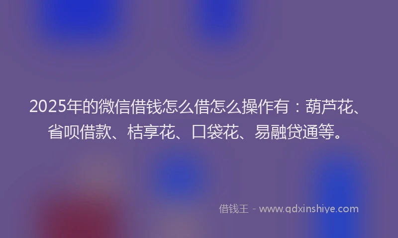 2025年的微信借钱怎么借怎么操作有：葫芦花、省呗借款、桔享花、口袋花、易融贷通等。
