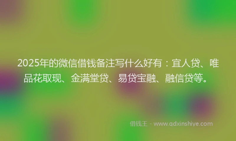 2025年的微信借钱备注写什么好有：宜人贷、唯品花取现、金满堂贷、易贷宝融、融信贷等。