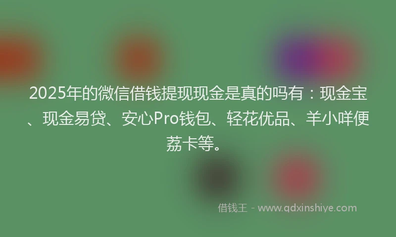 2025年的微信借钱提现现金是真的吗有：现金宝、现金易贷、安心Pro钱包、轻花优品、羊小咩便荔卡等。