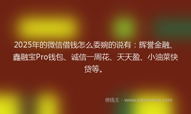 2025年的微信借钱怎么委婉的说有：辉誉金融、鑫融宝Pro钱包、诚信一周花、天天盈、小油菜快贷等。