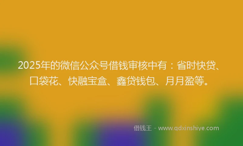 2025年的微信公众号借钱审核中有：省时快贷、口袋花、快融宝盒、鑫贷钱包、月月盈等。
