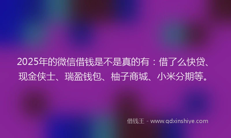 2025年的微信借钱是不是真的有：借了么快贷、现金侠士、瑞盈钱包、柚子商城、小米分期等。