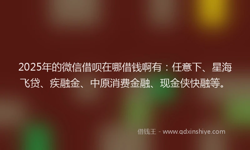 2025年的微信借呗在哪借钱啊有：任意下、星海飞贷、疾融金、中原消费金融、现金侠快融等。