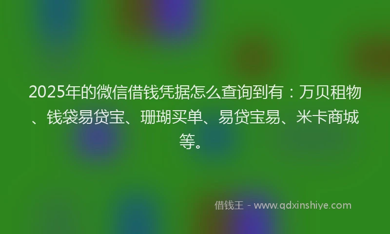 2025年的微信借钱凭据怎么查询到有：万贝租物、钱袋易贷宝、珊瑚买单、易贷宝易、米卡商城等。
