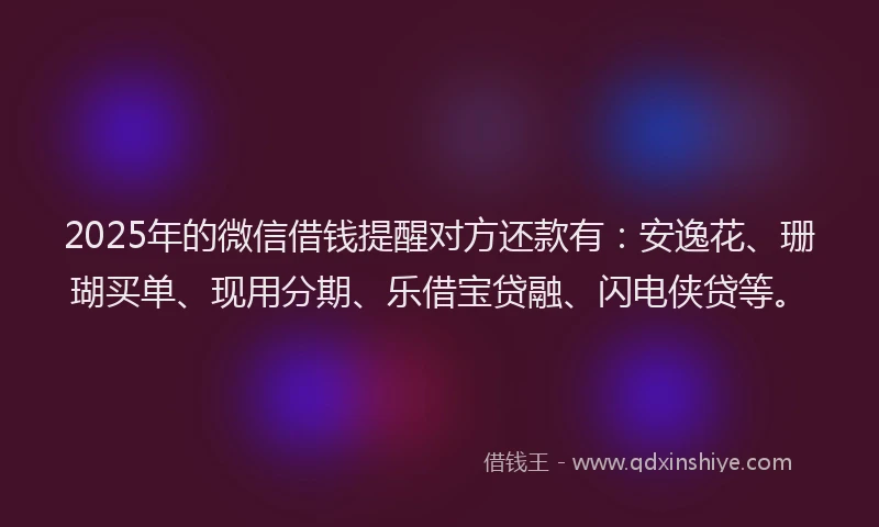 2025年的微信借钱提醒对方还款有：安逸花、珊瑚买单、现用分期、乐借宝贷融、闪电侠贷等。