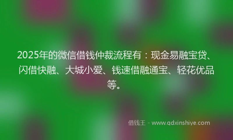 2025年的微信借钱仲裁流程有：现金易融宝贷、闪借快融、大城小爱、钱速借融通宝、轻花优品等。