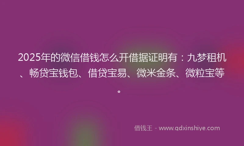 2025年的微信借钱怎么开借据证明有：九梦租机、畅贷宝钱包、借贷宝易、微米金条、微粒宝等。