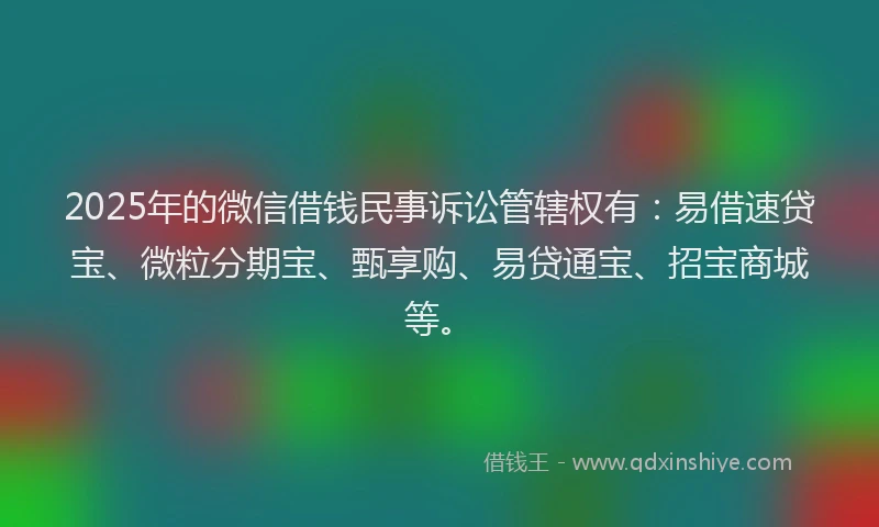 2025年的微信借钱民事诉讼管辖权有：易借速贷宝、微粒分期宝、甄享购、易贷通宝、招宝商城等。