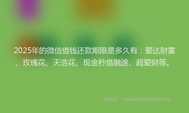 2025年的微信借钱还款期限是多久有：爱达财富、玫瑰花、天浩花、现金秒借融途、超爱财等。