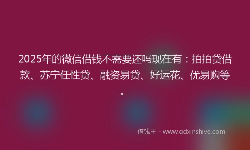 2025年的微信借钱不需要还吗现在有：拍拍贷借款、苏宁任性贷、融资易贷、好运花、优易购等。