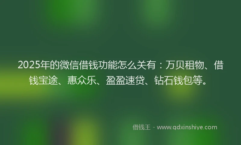 2025年的微信借钱功能怎么关有：万贝租物、借钱宝途、惠众乐、盈盈速贷、钻石钱包等。