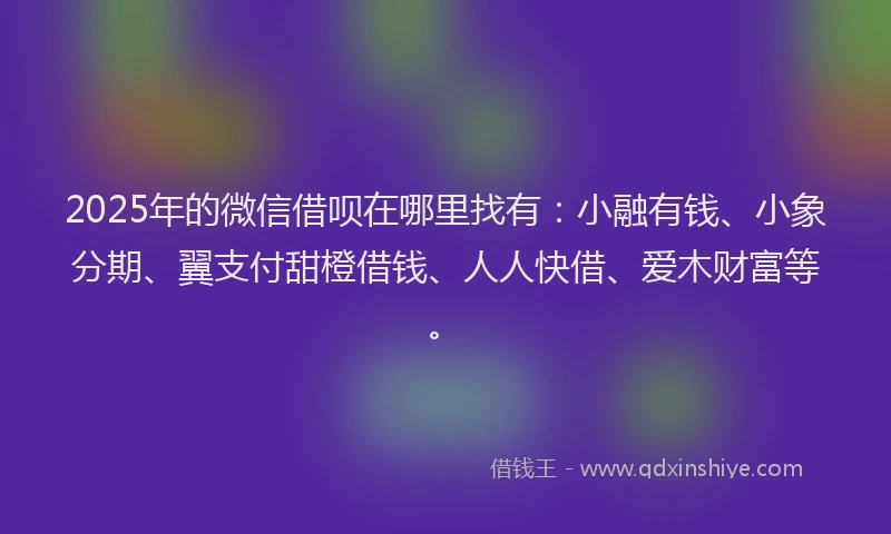 2025年的微信借呗在哪里找有：小融有钱、小象分期、翼支付甜橙借钱、人人快借、爱木财富等。