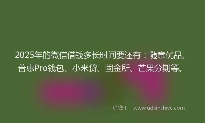 2025年的微信借钱多长时间要还有：随意优品、普惠Pro钱包、小米贷、固金所、芒果分期等。