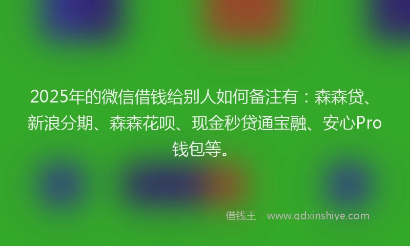 2025年的微信借钱给别人如何备注有：森森贷、新浪分期、森森花呗、现金秒贷通宝融、安心Pro钱包等。