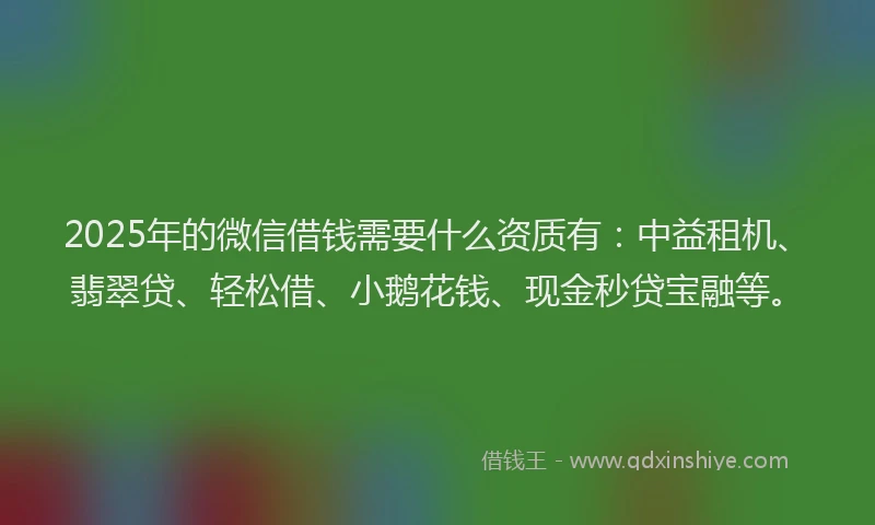 2025年的微信借钱需要什么资质有：中益租机、翡翠贷、轻松借、小鹅花钱、现金秒贷宝融等。