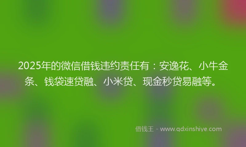 2025年的微信借钱违约责任有：安逸花、小牛金条、钱袋速贷融、小米贷、现金秒贷易融等。