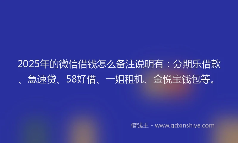 2025年的微信借钱怎么备注说明有：分期乐借款、急速贷、58好借、一姐租机、金悦宝钱包等。