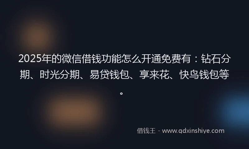 2025年的微信借钱功能怎么开通免费有：钻石分期、时光分期、易贷钱包、享来花、快鸟钱包等。