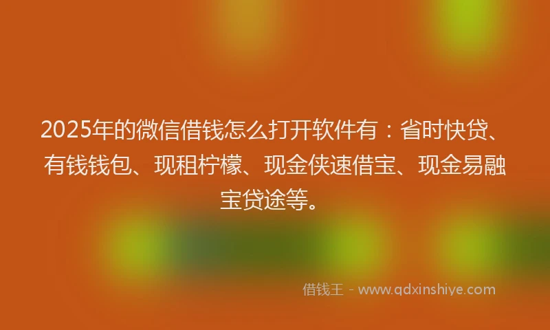 2025年的微信借钱怎么打开软件有：省时快贷、有钱钱包、现租柠檬、现金侠速借宝、现金易融宝贷途等。