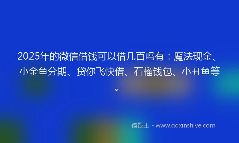2025年的微信借钱可以借几百吗有：魔法现金、小金鱼分期、贷你飞快借、石榴钱包、小丑鱼等。