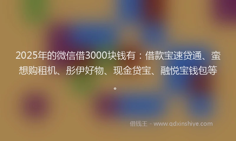 2025年的微信借3000块钱有：借款宝速贷通、蛮想购租机、彤伊好物、现金贷宝、融悦宝钱包等。