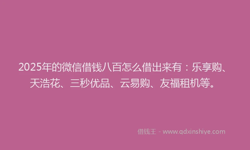 2025年的微信借钱八百怎么借出来有：乐享购、天浩花、三秒优品、云易购、友福租机等。